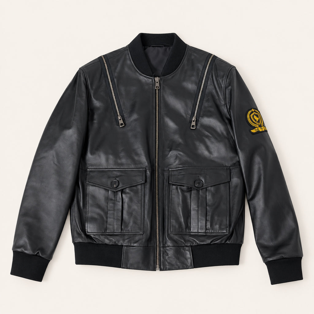 Black Bomber Jacket, three-quarter front view on an ivory studio background.