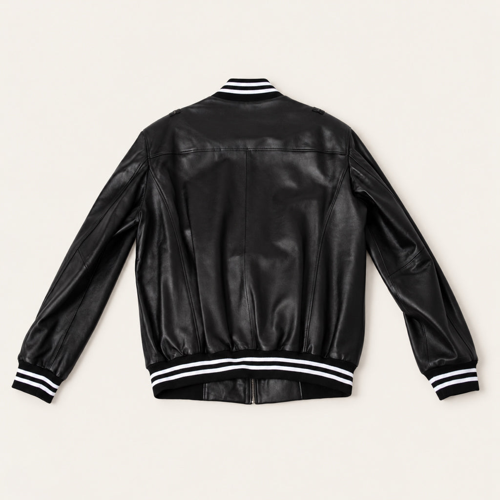 Black Striped Trim Bomber Jacket, rear view on an ivory studio background.