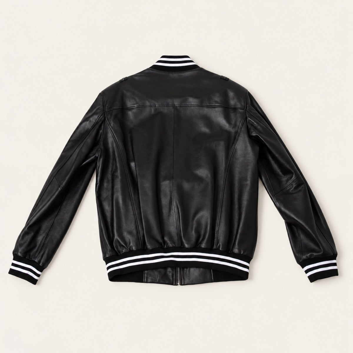 Black Striped Trim Bomber Jacket, rear view on an ivory studio background.