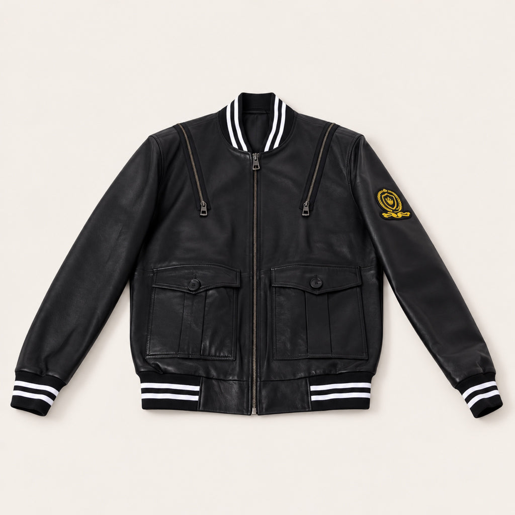 Black Striped Trim Bomber Jacket, three-quarter front view on an ivory studio background.