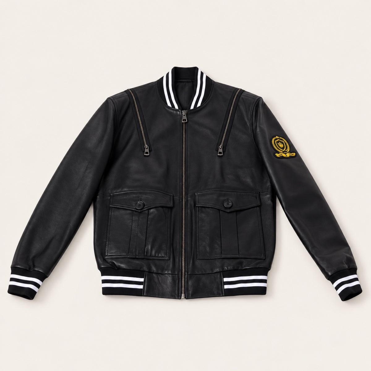 Black Striped Trim Bomber Jacket, three-quarter front view on an ivory studio background.