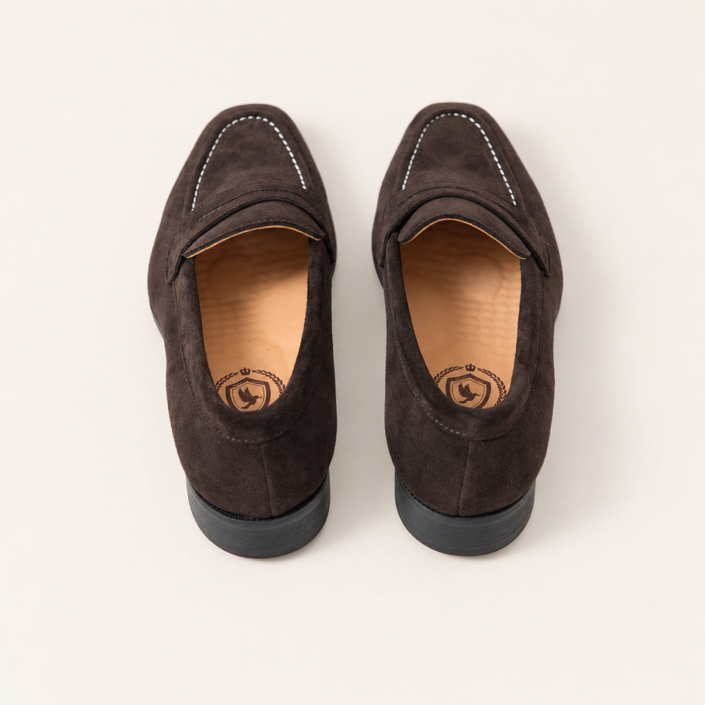Expresso Brown Suede, rear view on an ivory studio background.