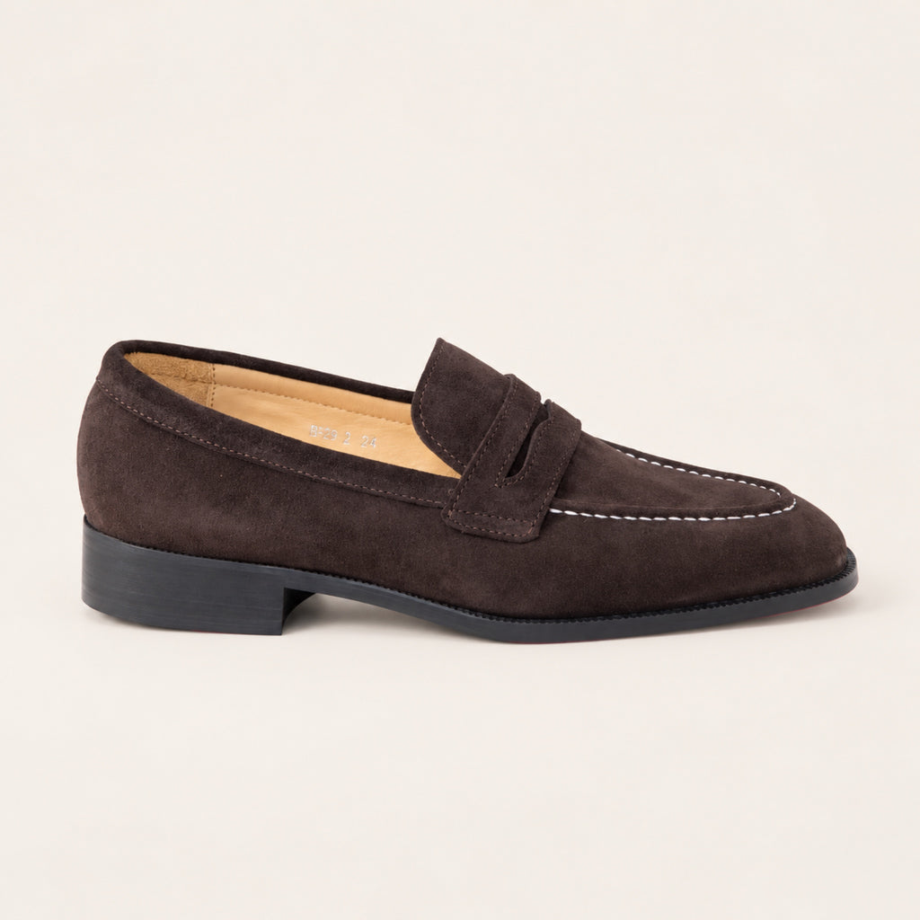 Expresso Brown Suede, side profile on an ivory studio background.